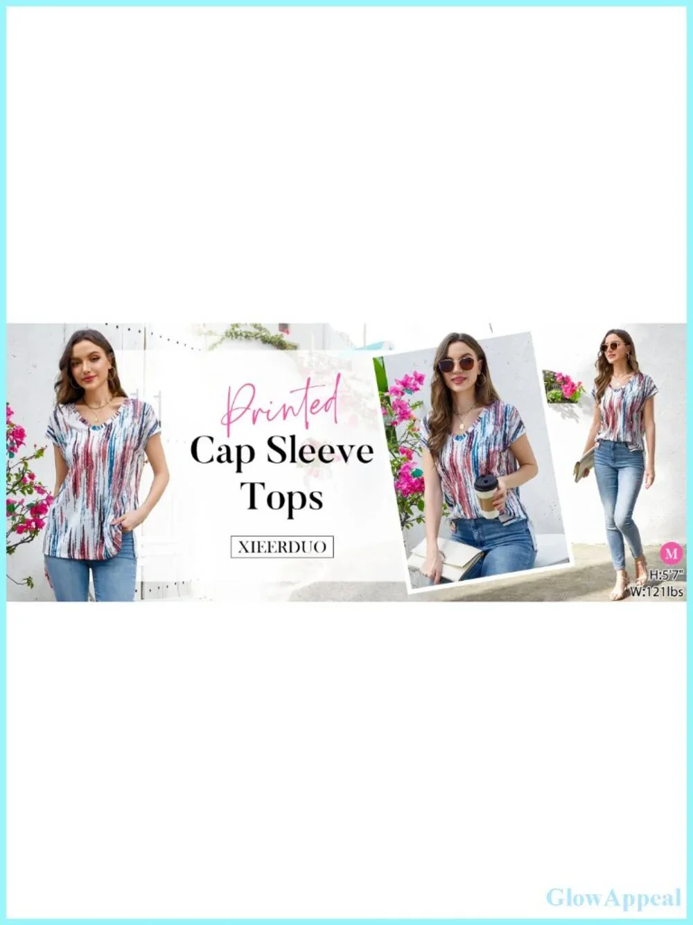Womens V Neck Cap Sleeve Loose Fit Tee Shirt Eyelet Printed Summer Top